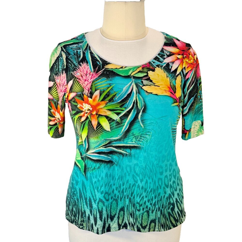 Chico's Knit Tunic Top Women's Size XL (3) Teal Green Tropical Floral Lined